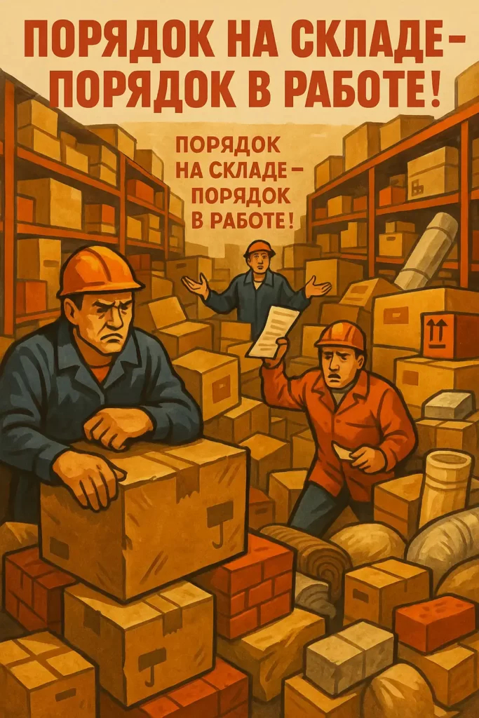 Перегруженный склад с беспорядочно расставленными коробками, усталые работники среди хаоса, на стене агитационный слоган «Порядок на складе — порядок в работе!».